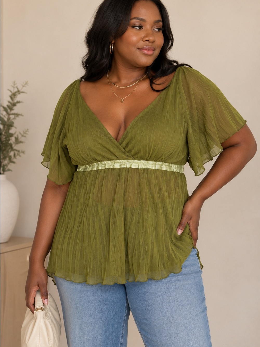 Ashley Stewart Olive Green Sheer Pleated Babydoll Blouse 2X Flutter Sleeve